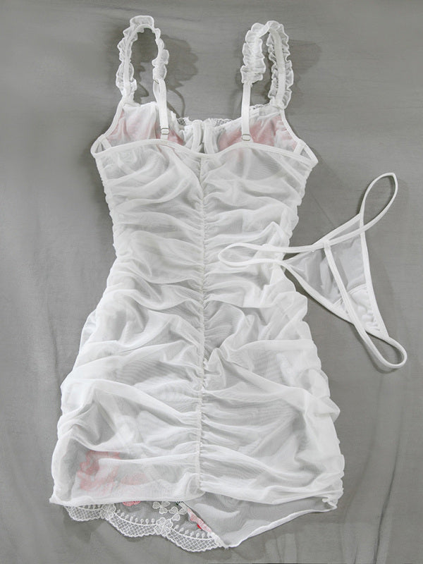 Lingerie - Sexy suspender dress embroidered flowers mesh see-through pleated two-piece set