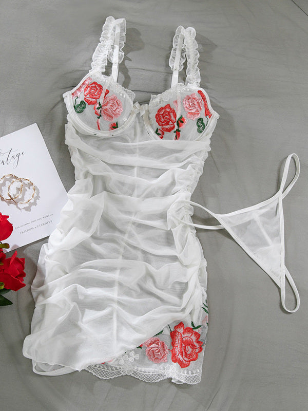 Lingerie - Sexy suspender dress embroidered flowers mesh see-through pleated two-piece set