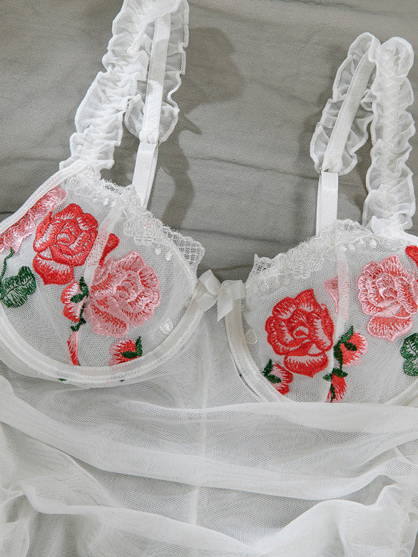 Lingerie - Sexy suspender dress embroidered flowers mesh see-through pleated two-piece set