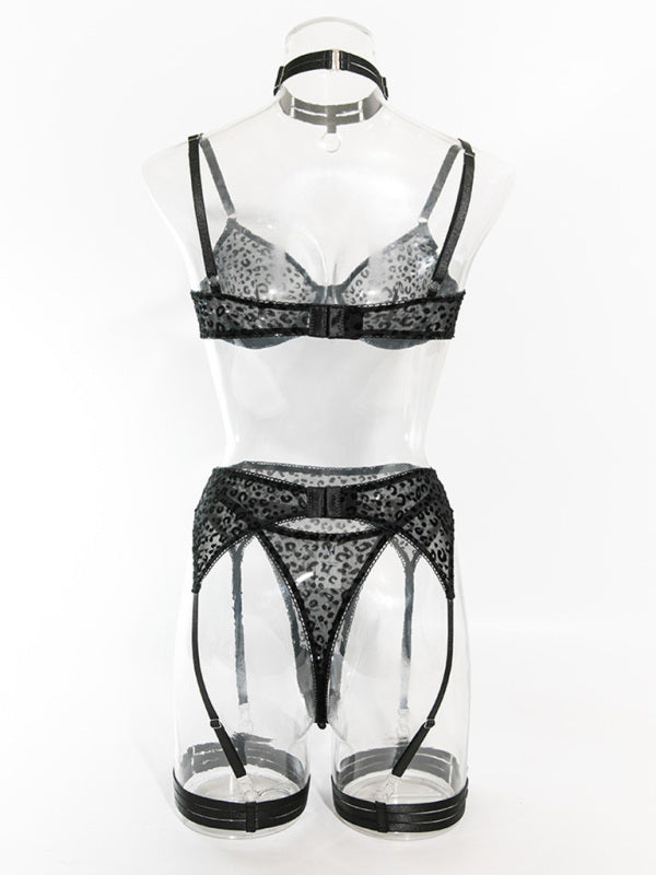 Lingerie - Leopard print transparent mesh suspenders sexy underwear set