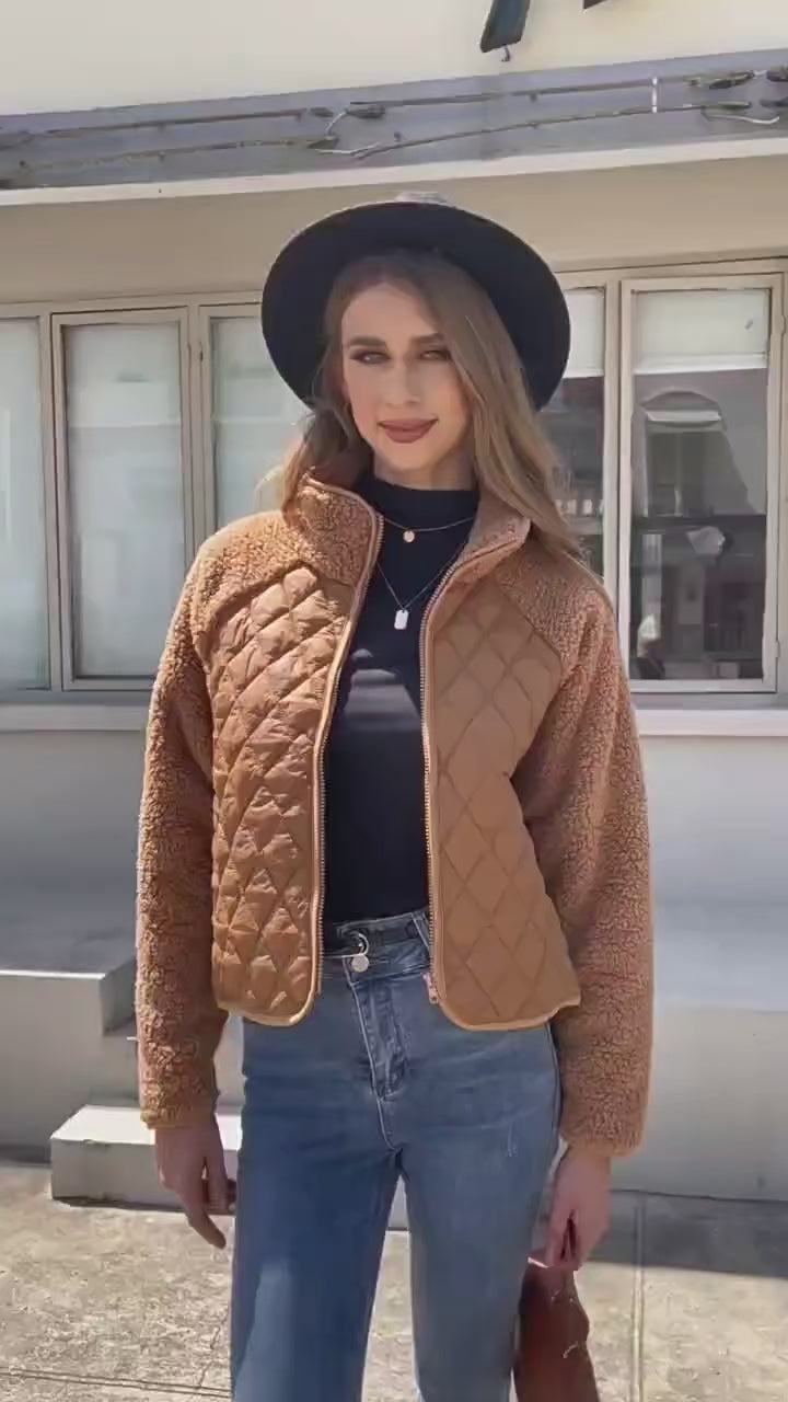 Cozy Patched Plush Zip-Up Quilted Jacket