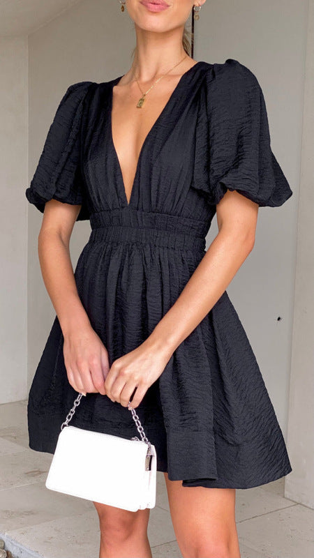 A-line Dresses- A-Line Plunge Mini Dress with Balloon Sleeve- Black- Pekosa Women Clothing