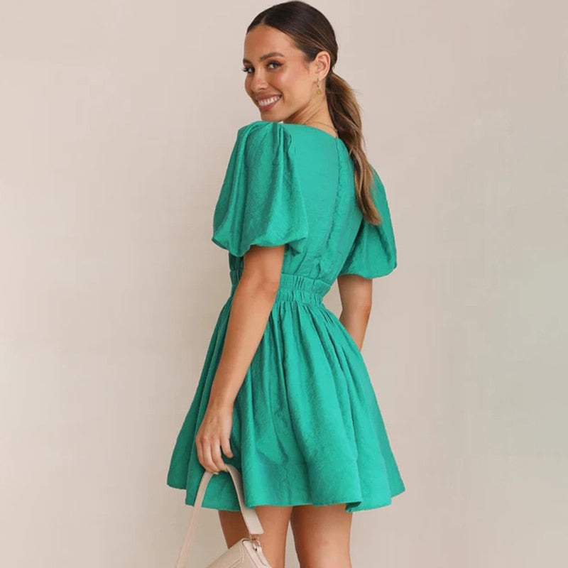 A-line Dresses- A-Line Plunge Mini Dress with Balloon Sleeve- - Pekosa Women Clothing