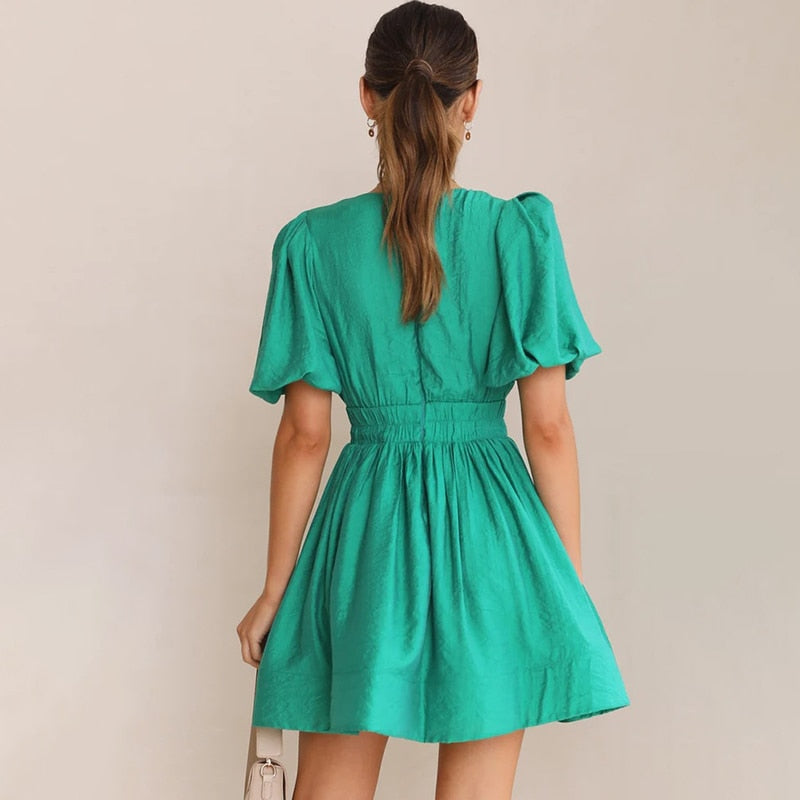A-line Dresses- A-Line Plunge Mini Dress with Balloon Sleeve- - Pekosa Women Clothing