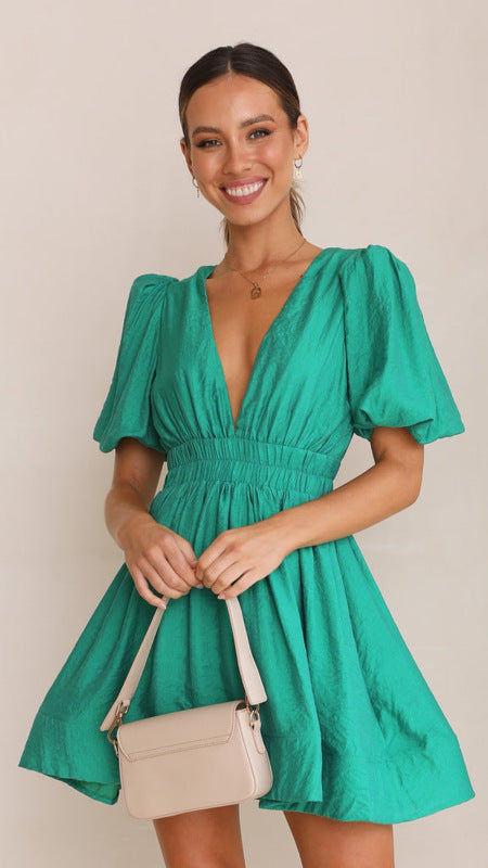 A-line Dresses- A-Line Plunge Mini Dress with Balloon Sleeve- Green- Pekosa Women Clothing