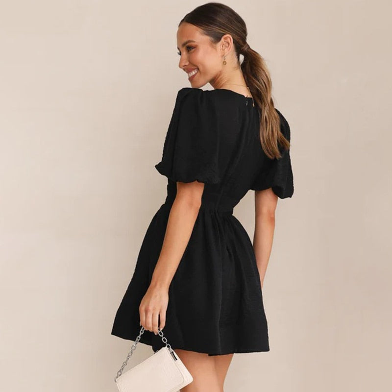 A-line Dresses- A-Line Plunge Mini Dress with Balloon Sleeve- - Pekosa Women Clothing