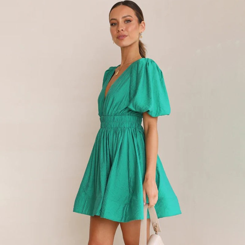 A-line Dresses- A-Line Plunge Mini Dress with Balloon Sleeve- - Pekosa Women Clothing