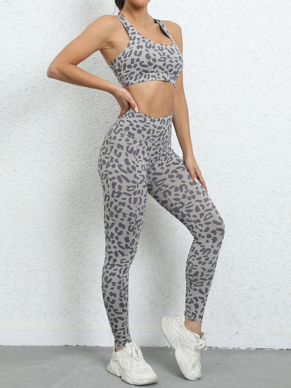 Activewear- Gym Yoga Set: Leopard Print Tank Top + Scrunch Butt Lifting Leggings- - Pekosa Women Clothing