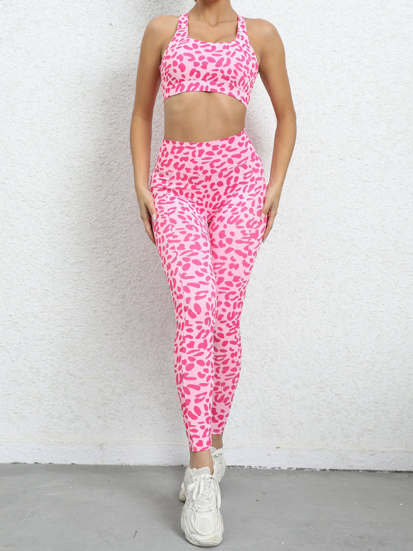Activewear- Gym Yoga Set: Leopard Print Tank Top + Scrunch Butt Lifting Leggings- Rose- Pekosa Women Clothing
