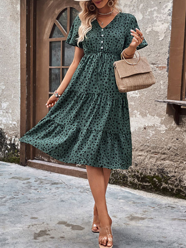 Animal Print Dresses- Animal Print Tiered Midi Dress with Tie Waist & Short Sleeves- - Pekosa Women Clothing