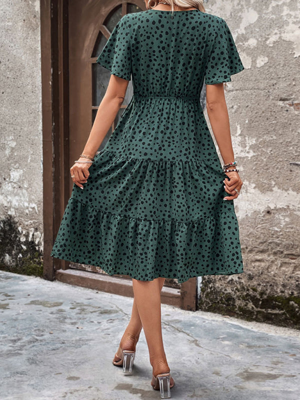 Animal Print Dresses- Animal Print Tiered Midi Dress with Tie Waist & Short Sleeves- - Pekosa Women Clothing