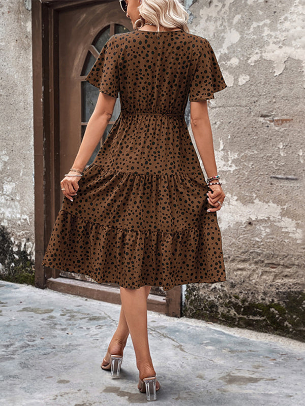 Animal Print Dresses- Animal Print Tiered Midi Dress with Tie Waist & Short Sleeves- - Pekosa Women Clothing