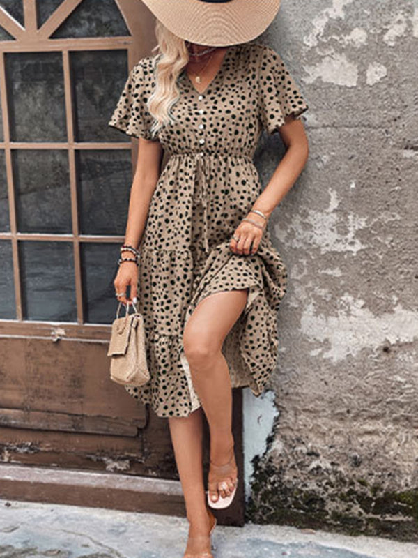 Animal Print Dresses- Animal Print Tiered Midi Dress with Tie Waist & Short Sleeves- - Pekosa Women Clothing