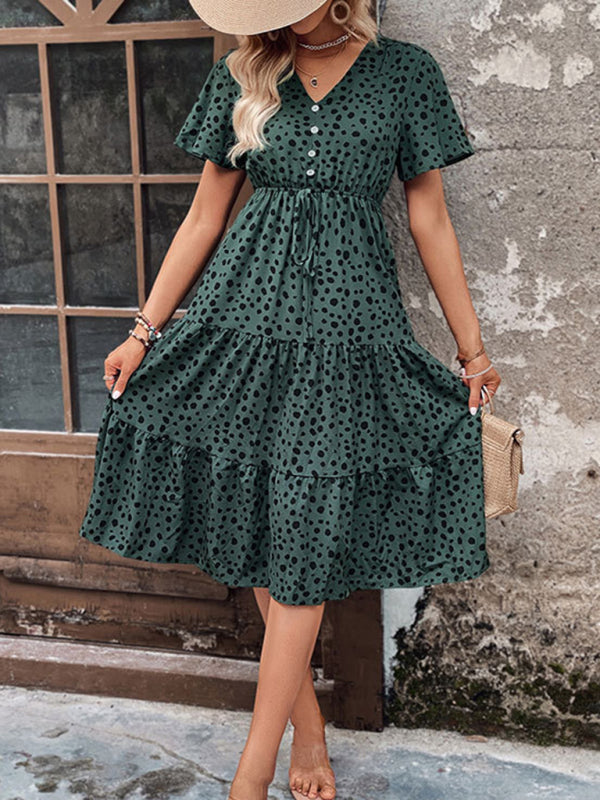 Animal Print Dresses- Animal Print Tiered Midi Dress with Tie Waist & Short Sleeves- Green black jasper- Pekosa Women Clothing
