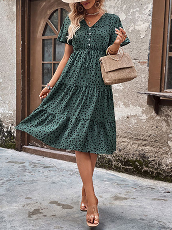 Animal Print Dresses- Animal Print Tiered Midi Dress with Tie Waist & Short Sleeves- - Pekosa Women Clothing