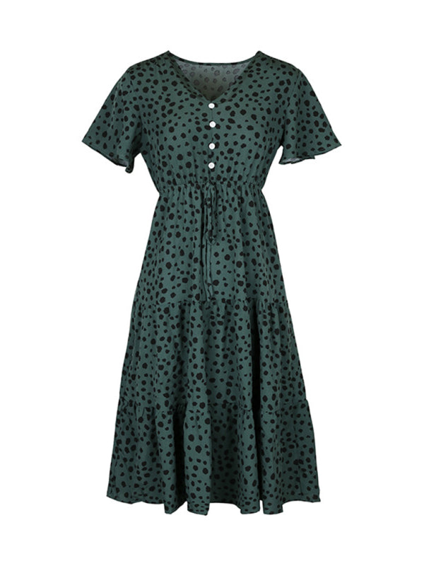 Animal Print Dresses- Animal Print Tiered Midi Dress with Tie Waist & Short Sleeves- - Pekosa Women Clothing