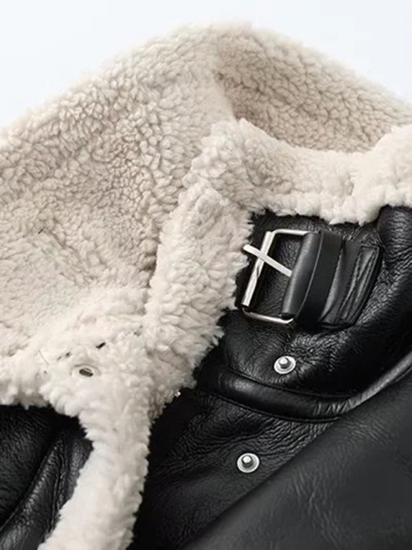 Aviator Jackets- Aviator Jacket - Contrast Borg, Faux Fur and Leather Winter Bomber- - Pekosa Women Clothing