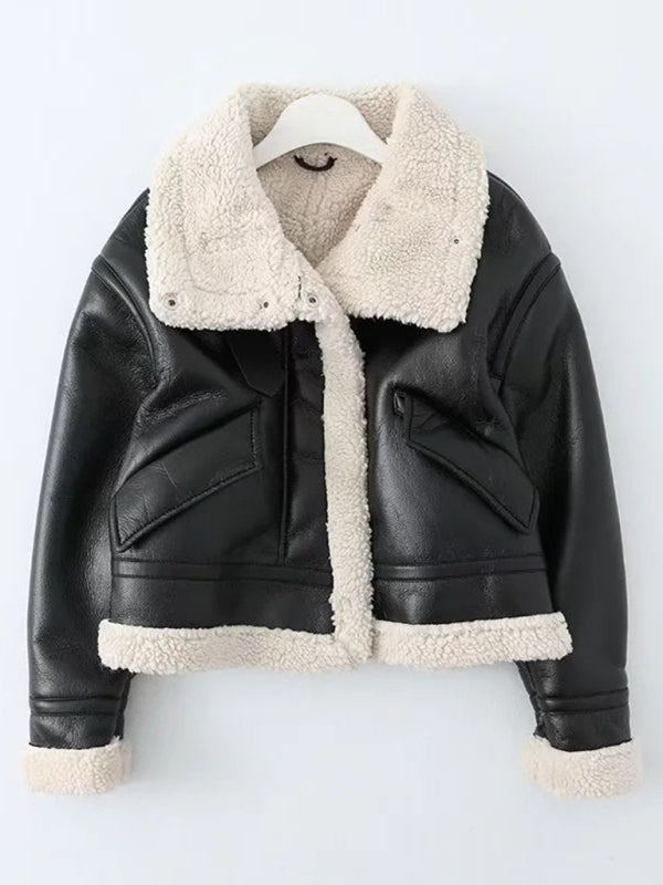 Aviator Jackets- Aviator Jacket - Contrast Borg, Faux Fur and Leather Winter Bomber- - Pekosa Women Clothing