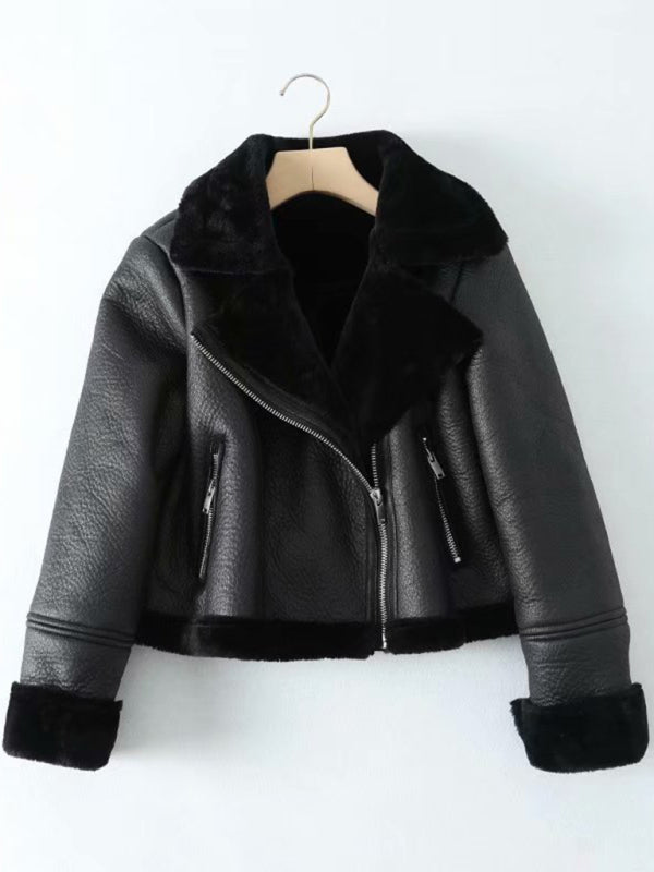 Aviator Jackets- Faux Leather Fur Lined Winter Flight Jacket- Black- Pekosa Women Clothing