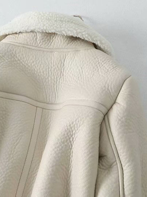 Aviator Jackets- Faux Leather Fur Lined Winter Flight Jacket- - Pekosa Women Clothing