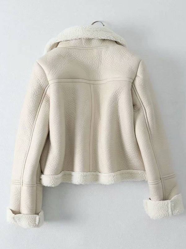 Aviator Jackets- Faux Leather Fur Lined Winter Flight Jacket- - Pekosa Women Clothing