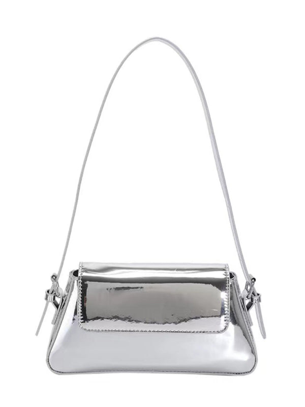Baguette Bags- Glossy Faux Leather Shoulder Baguette Bag- - Pekosa Women Clothing