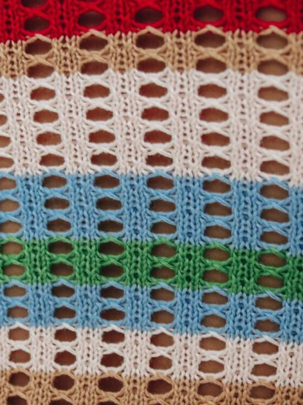 Beachwear- Relaxed Beach Striped Crochet Long Sleeve Midi Dress- - Pekosa Women Clothing