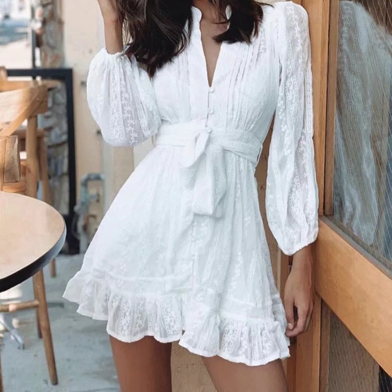 Belted Dresses- Embroidered Button Dress with Balloon Sleeves- - Pekosa Women Clothing