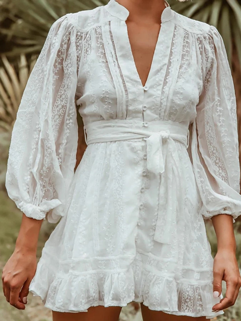 Belted Dresses- Embroidered Button Dress with Balloon Sleeves- - Pekosa Women Clothing