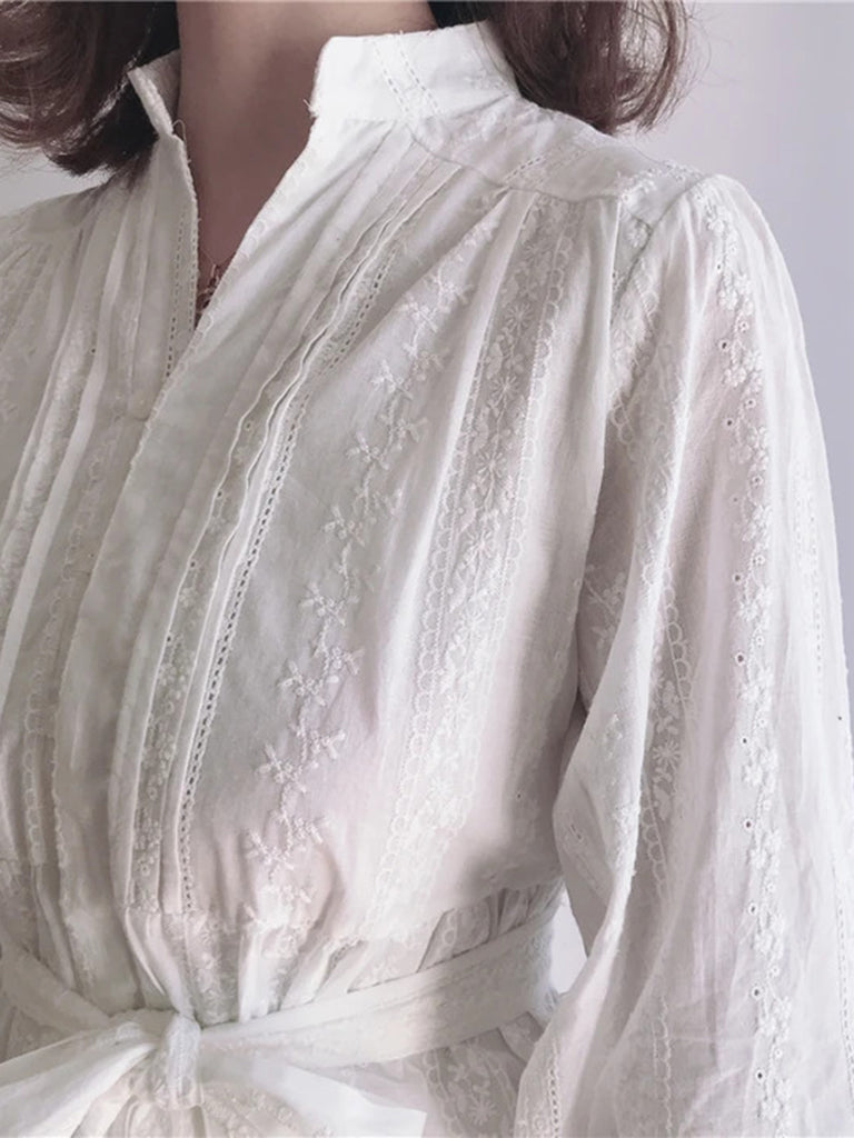 Belted Dresses- Embroidered Button Dress with Balloon Sleeves- - Pekosa Women Clothing