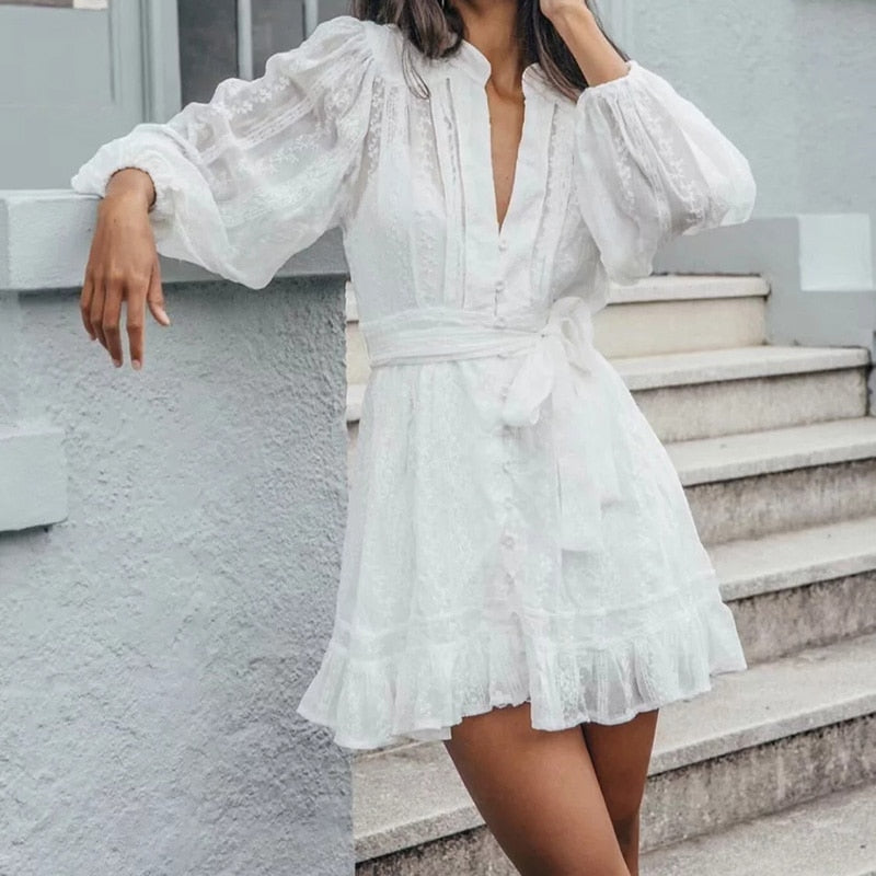 Belted Dresses- Embroidered Button Dress with Balloon Sleeves- - Pekosa Women Clothing