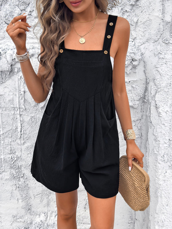 Bib Shorts- Women's Textured Bib Shorts Playsuit - Loose Overalls Romper- Black- Pekosa Women Fashion
