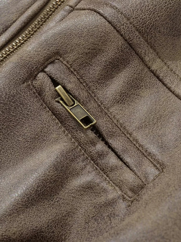 Biker Jackets- Faux Leather Zip-Up Stand Neck Biker Jacket- - Pekosa Women Clothing