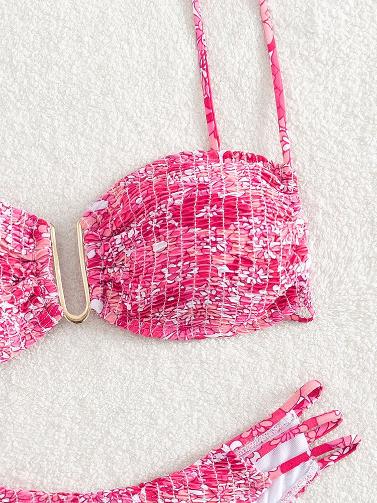 Bikini swimwear- Brazilian Smocked 2-Piece Bikini Set: Wireless V-Wired Bra, Mid-Waist Bottoms- - Pekosa Women Clothing