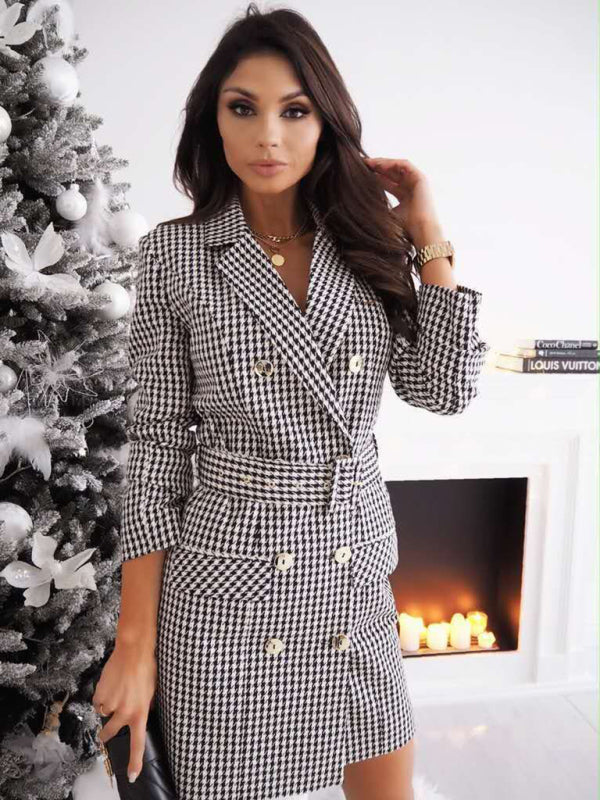 Blazer Dresses- Fall-Winter Plaid Houndstooth Belted Blazer Dress- Black- Pekosa Women Clothing