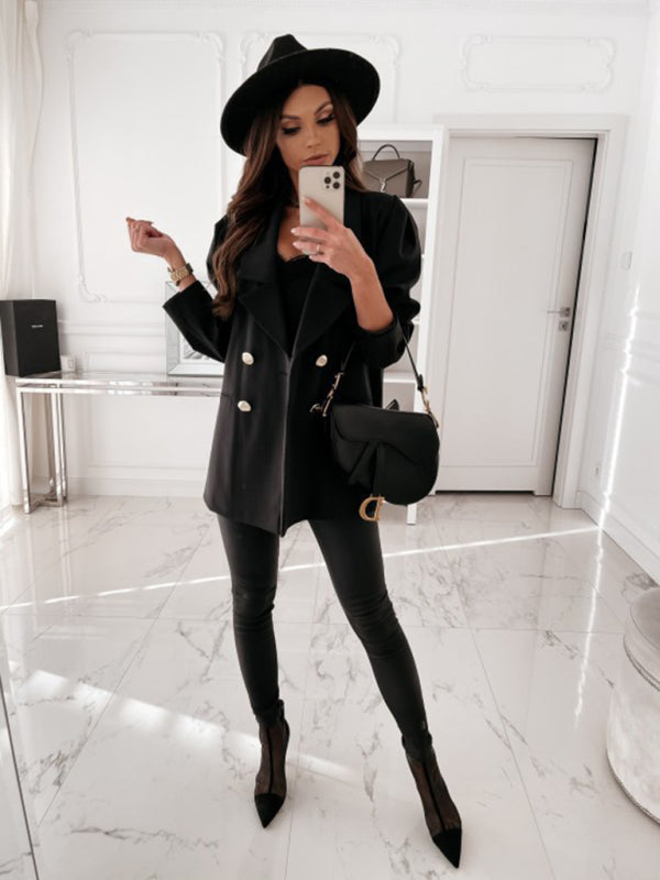 Blazers- Mid-Length Blazer | Double Breasted Business Casual Jacket- - Pekosa Women Clothing