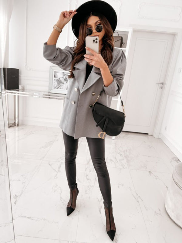 Blazers- Mid-Length Blazer | Double Breasted Business Casual Jacket- - Pekosa Women Clothing
