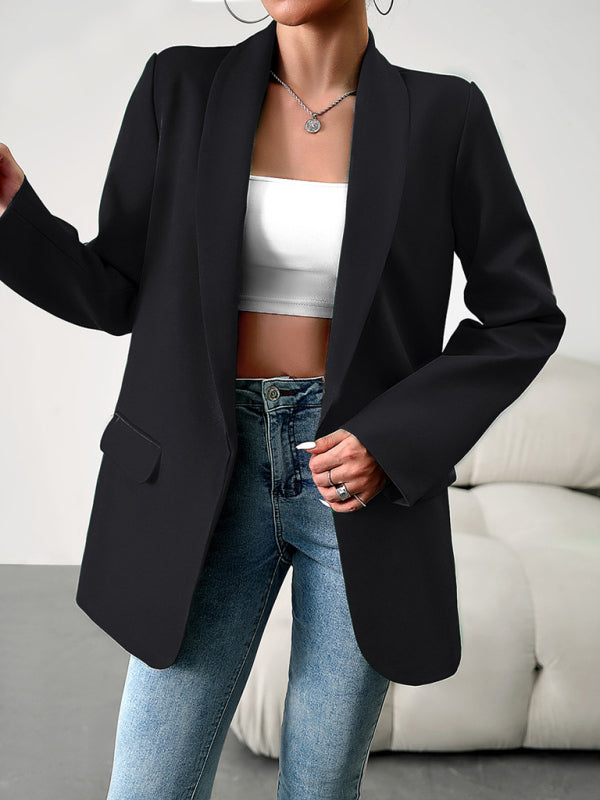 Blazers- Solid Open Front Shawl Lapels Blazer- Black- Pekosa Women Clothing