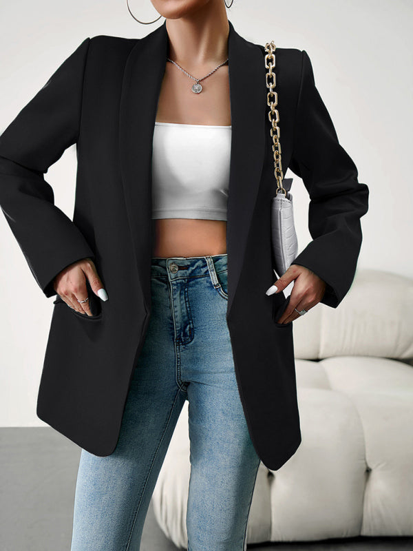 Blazers- Solid Open Front Shawl Lapels Blazer- - Pekosa Women Clothing