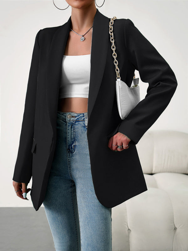Blazers- Solid Open Front Shawl Lapels Blazer- - Pekosa Women Clothing