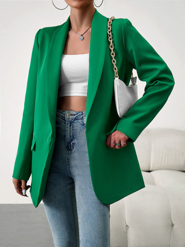 Blazers- Solid Open Front Shawl Lapels Blazer- Green- Pekosa Women Clothing