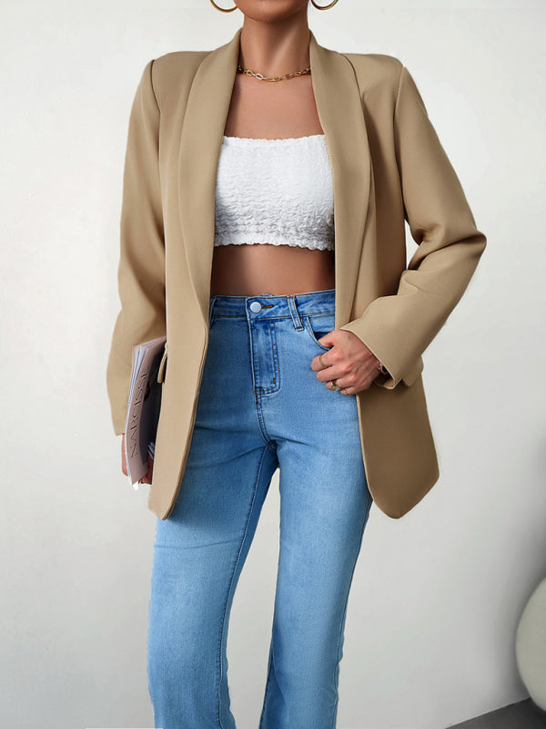 Blazers- Solid Open Front Shawl Lapels Blazer- - Pekosa Women Clothing