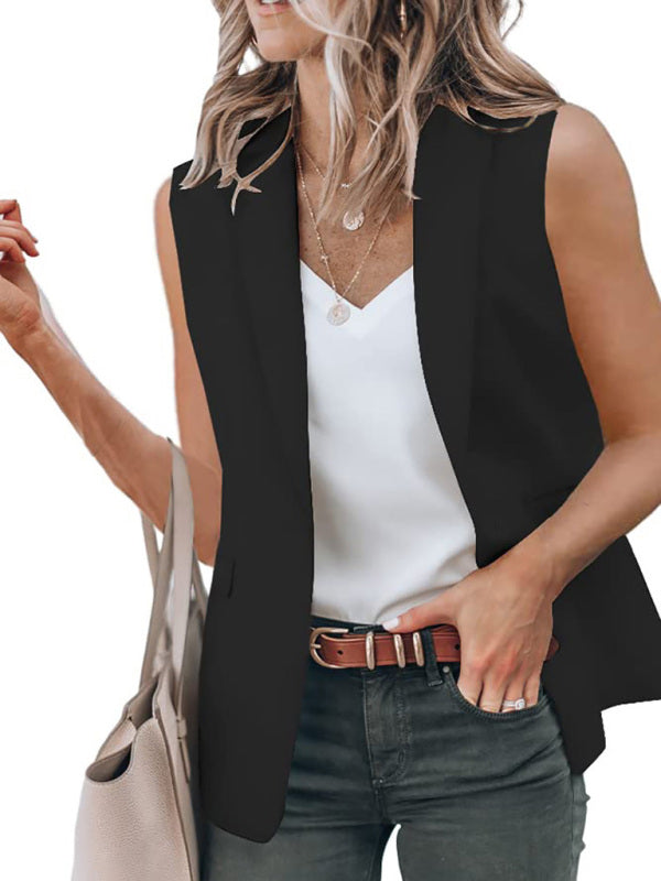 Blazers- Stylish Women's Light Single-Breasted Blazer - Sleeveless Jacket- Black- Pekosa Women Clothing