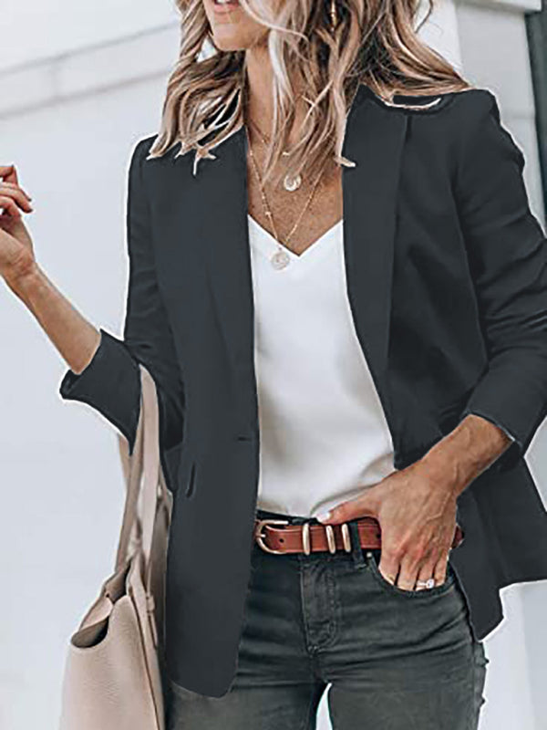 Blazers- Versatile Women's Notch Lapel Blazer: Casual to Office Wear- Charcoal grey- Pekosa Women Clothing