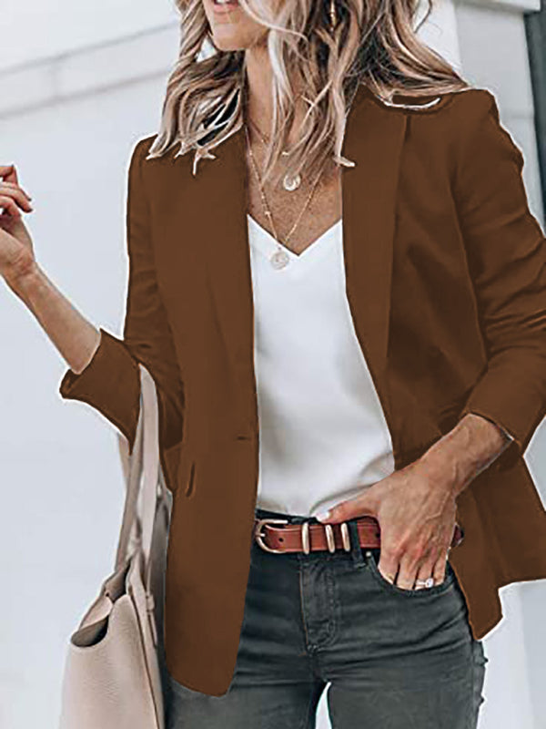 Blazers- Versatile Women's Notch Lapel Blazer: Casual to Office Wear- Brown- Pekosa Women Clothing
