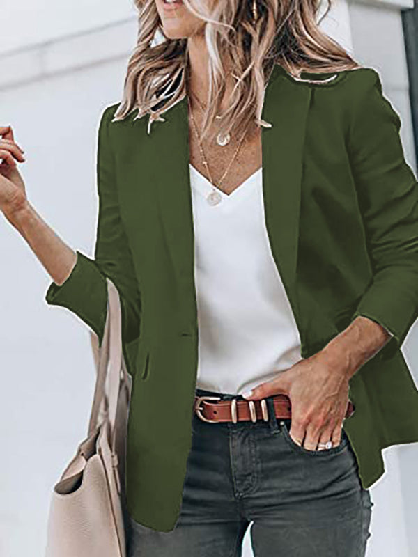 Blazers- Versatile Women's Notch Lapel Blazer: Casual to Office Wear- Olive green- Pekosa Women Clothing