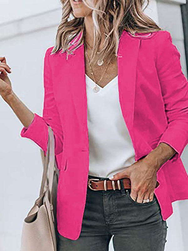 Blazers- Versatile Women's Notch Lapel Blazer: Casual to Office Wear- Rose- Pekosa Women Clothing