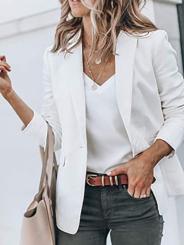 Blazers- Versatile Women's Notch Lapel Blazer: Casual to Office Wear- White- Pekosa Women Clothing