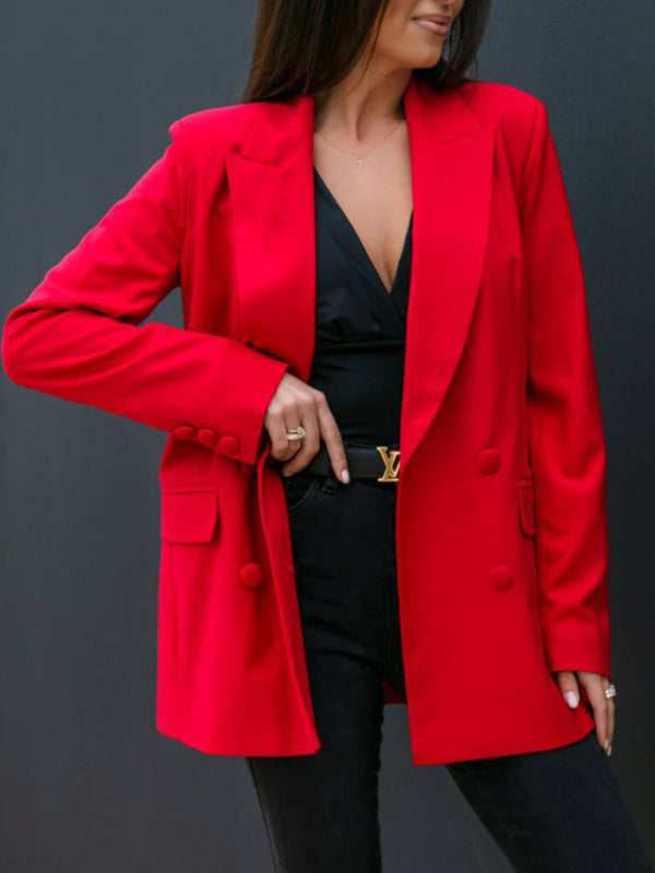 Blazers- Weather-Ready Double Breasted Raincoat Blazer: Fashion meets Function!- Red- Pekosa Women Clothing