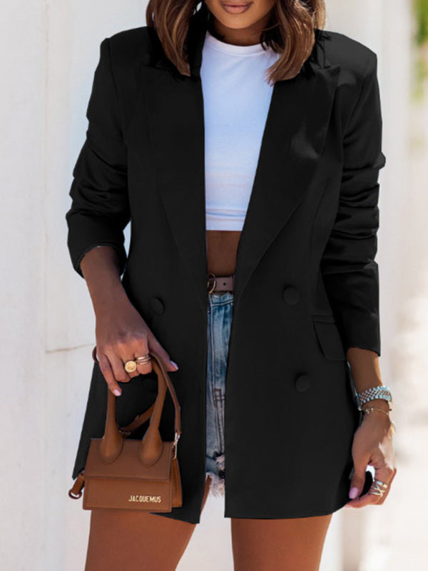 Blazers- Weather-Ready Double Breasted Raincoat Blazer: Fashion meets Function!- Black- Pekosa Women Clothing